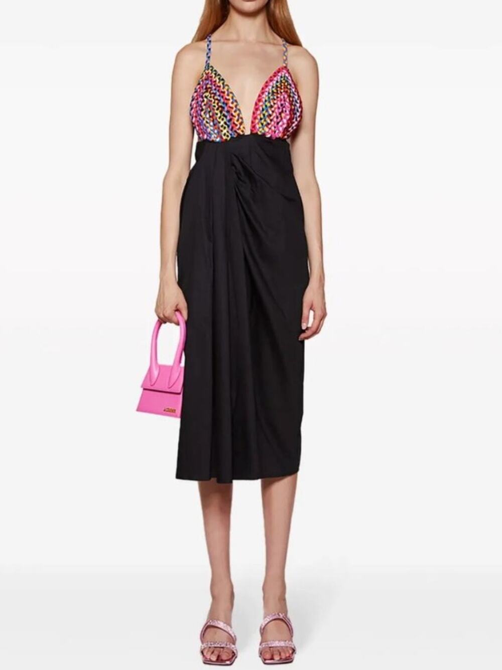 New Mara Hoffman Jutta Multi Colir Braided Halter Open Back Midi Dress Black 8